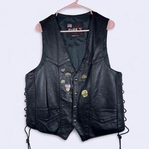 🖤 PARK V Black Leather Motorcycle Vest w/ Pins – Size 44 – Made in USA